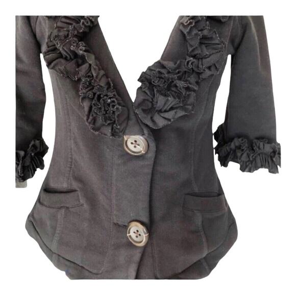 Nick & Mo Black Two Button Cotton 3/4 Sleeve Ruffle Collar Jacket, Small - Picture 3 of 8